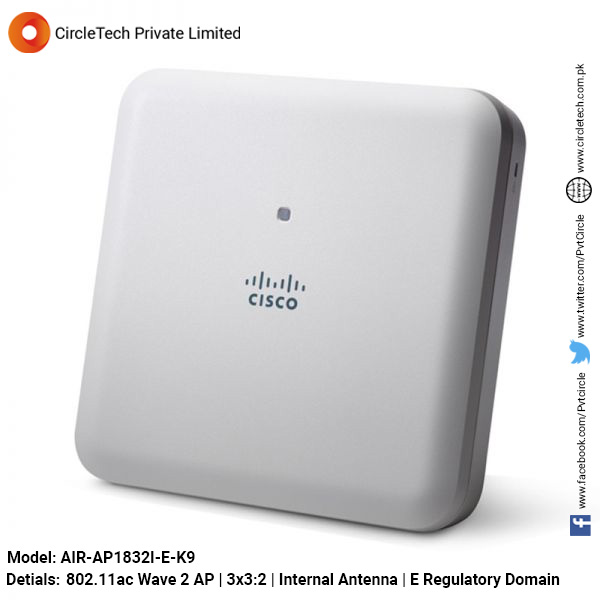 PvtCircle's tweet photo. Access Point (AP)
Brand: Cisco
Model: AIR-AP1832I-E-K9
Detail: 802.11ac Wave 2 AP, 3x3:2, Internal Antenna, E Regulatory Domain
------------------------->>>
For Queries and Order: 
Tel: 042 38911255
Phone:  +92 321 7226611 https://t.co/TN8mF1OMfx