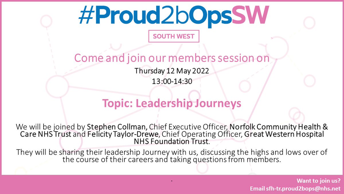 P2bOps_SW's tweet photo. Looking forward to our SW regional members session tomorrow, where we will be joined by @collman_stephen, CEO. @NCHC_NHS,  and Felicity Taylor- Drewe, COO, @GWH_NHS who will be taking us through their career journeys. For more information contact sfh-tr.proud2bops@nhs.net. https://t.co/D35AdwCvRq