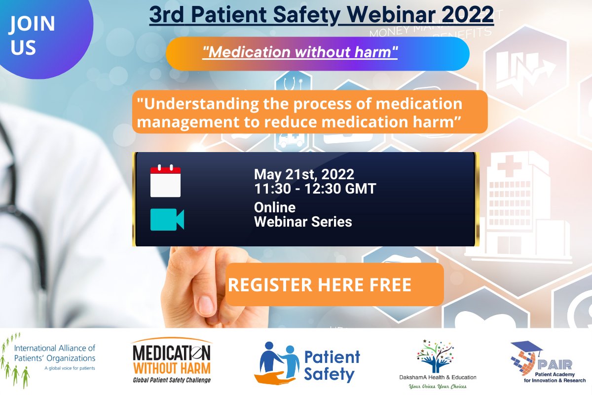 AcademyPatient's tweet photo. Join us hear our experts @anantha1232000, @MDigdocdeb & @Ksehmi5 discuss the importance of medication management to ensure safe delivery of care in our 3rd webinar.
Join us to know more➡️https://t.co/fKy8yHfUel
#patientsafety #medicationwithoutharm #worldpatientsafetyday #iapo https://t.co/09vRMNwLmy