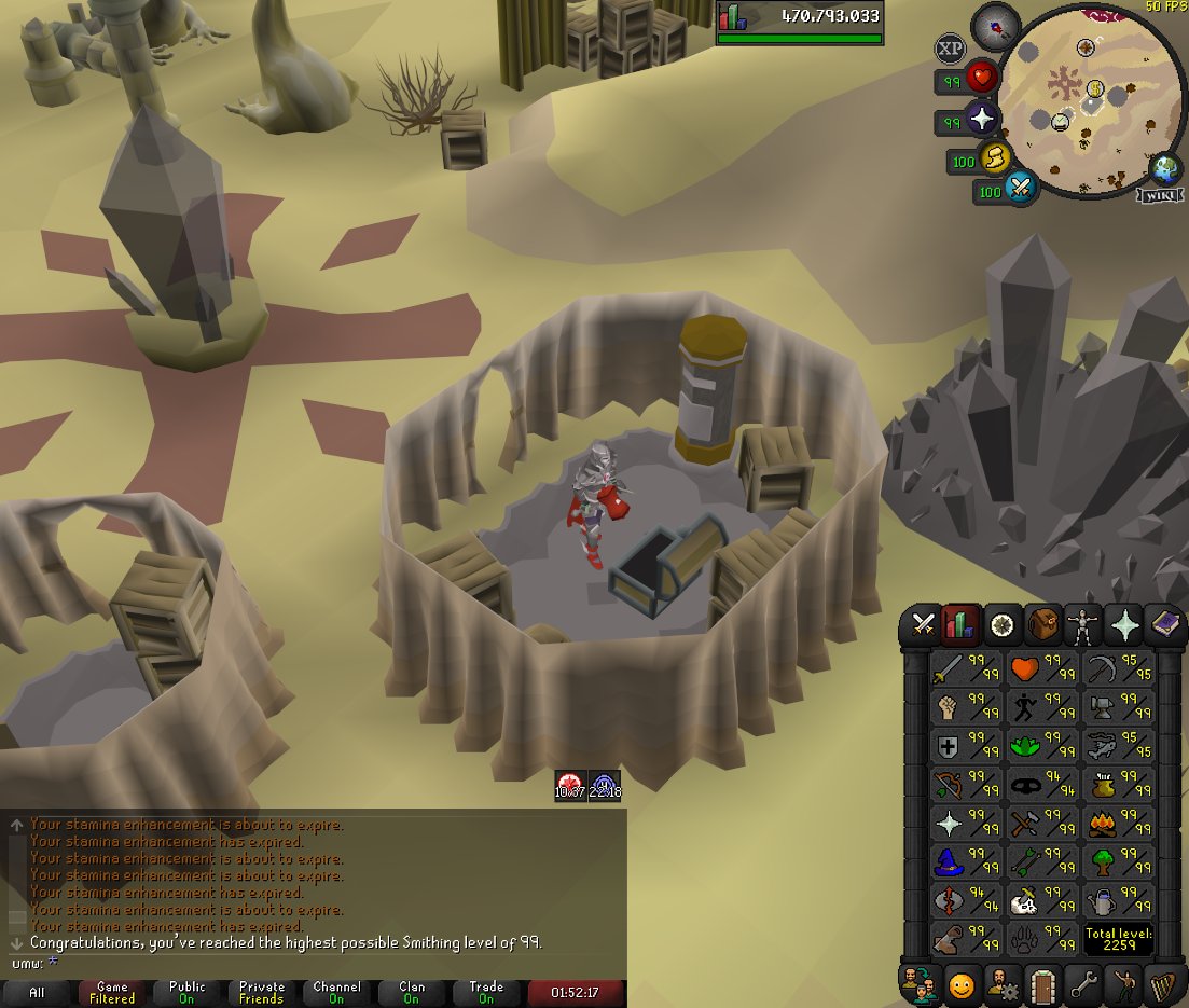 99 smithing, 2259 total.
Almost done