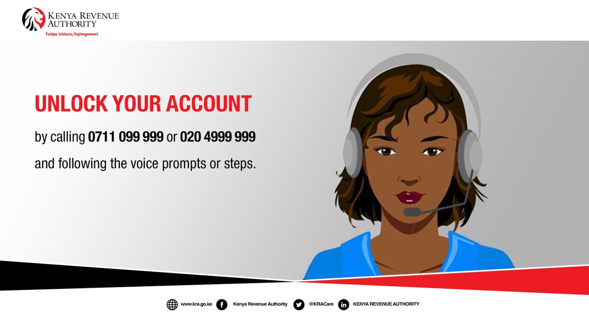 KRACare's tweet photo. You can unlock your account today by calling us on 0711 099 999 and following the self-service menu for assistance.
#KRAFilingSeason2022 #KRASelfService https://t.co/P2oPpDiF6u