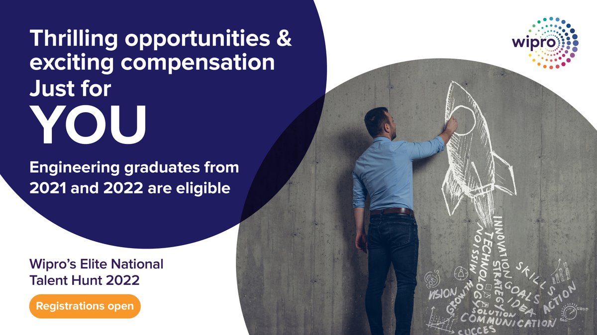 WiproCareers's tweet photo. Wipro's Elite National Talent Hunt is back to supercharge your career! If you're a 2021 or 2022 engineering graduate, this is the career boost you've been looking for — register today: https://t.co/7rkfOwK61V https://t.co/TZcvtlQ2bn
