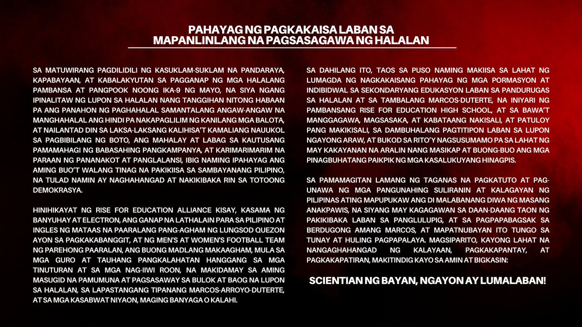 R4EKisay's tweet photo. SCIENTIAN NG BAYAN, NGAYON AY LUMALABAN!

#RejectMarcosDuterte 
#KontraDaya https://t.co/VNLDuSxuYz