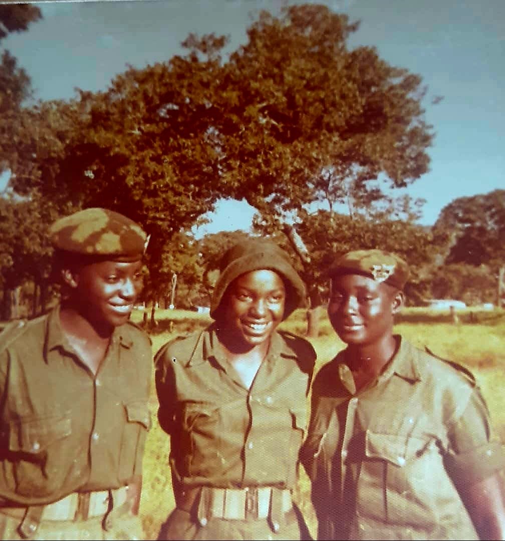 1977, Zambia National Service Solwezi Camp. My twin sister Chileshe, myself and Nancy Kalikeka Phiri.  Eleven months of beans, 'Sir bwana!', pineapples, jombos, road runs and rifles. Would do it all again!!