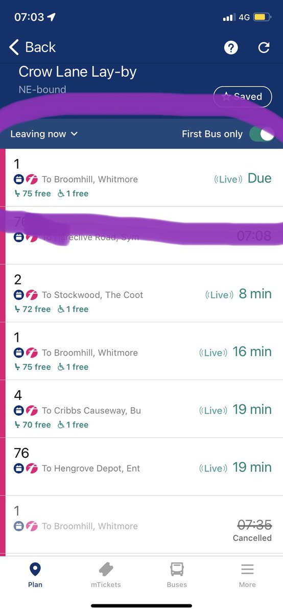 farfromalba's tweet photo. On Saturday night, the 23:45 A1 service from Bristol Airport. This morning, the 07:03 1 bus from Crow Lane to town. There was live tracking for it, yet clearly it’s possible to show when services are cancelled… Now gotta explain to my boss why I’m 30mins late for work… https://t.co/A7rTFg8Qyr