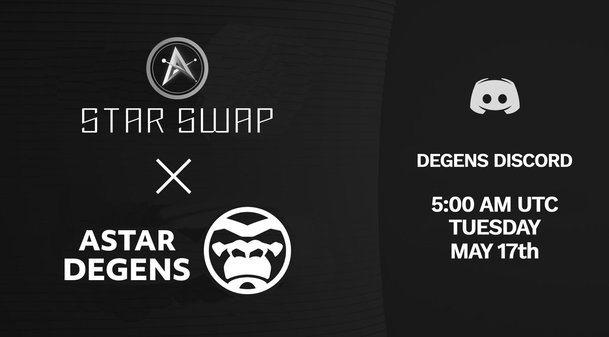 StarSwap's tweet photo. Announcing our AMA with the @AstarDegens team on their discord on Tuesday 5:00 AM UTC. Please share your questions in the ama channel on Degens discord ✊🌟 #StarCards #AMA https://t.co/ZCjG6ZPx6L