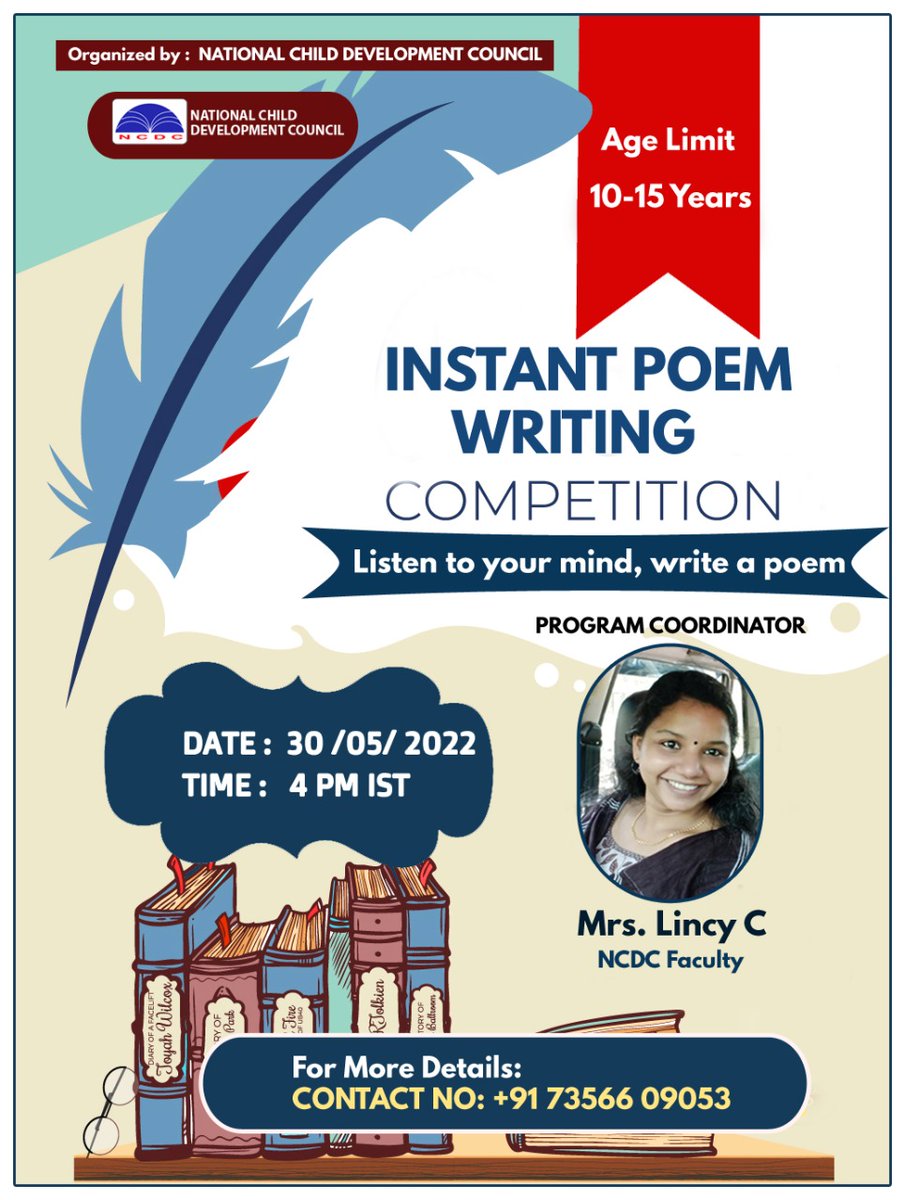 Instant poem writing competition organized by NCDC for children.
#Competition #ContestAlert #Contest #kids