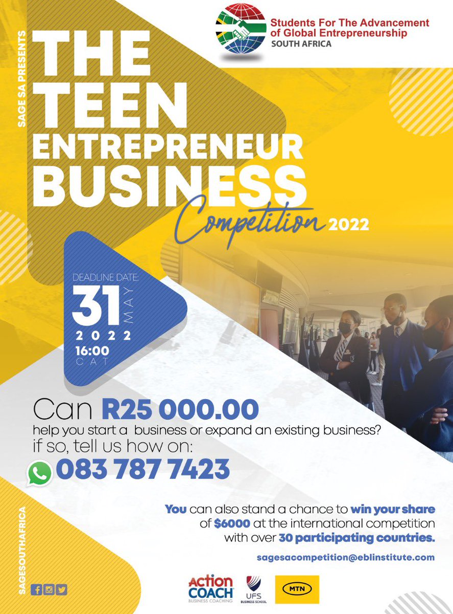 SAGESA18's tweet photo. Hey Teen Entrepreneurs 🔥

Don’t forget to register for the Teen Entrepreneur Business Competition 2022 and stand a chance to win R 25 000.00 for you and your business. Don’t know how? register on https://t.co/E6zN9KD3WU or simply send a ‘Hi’ to 0837877423 to find out how. https://t.co/PSa6SAedcN