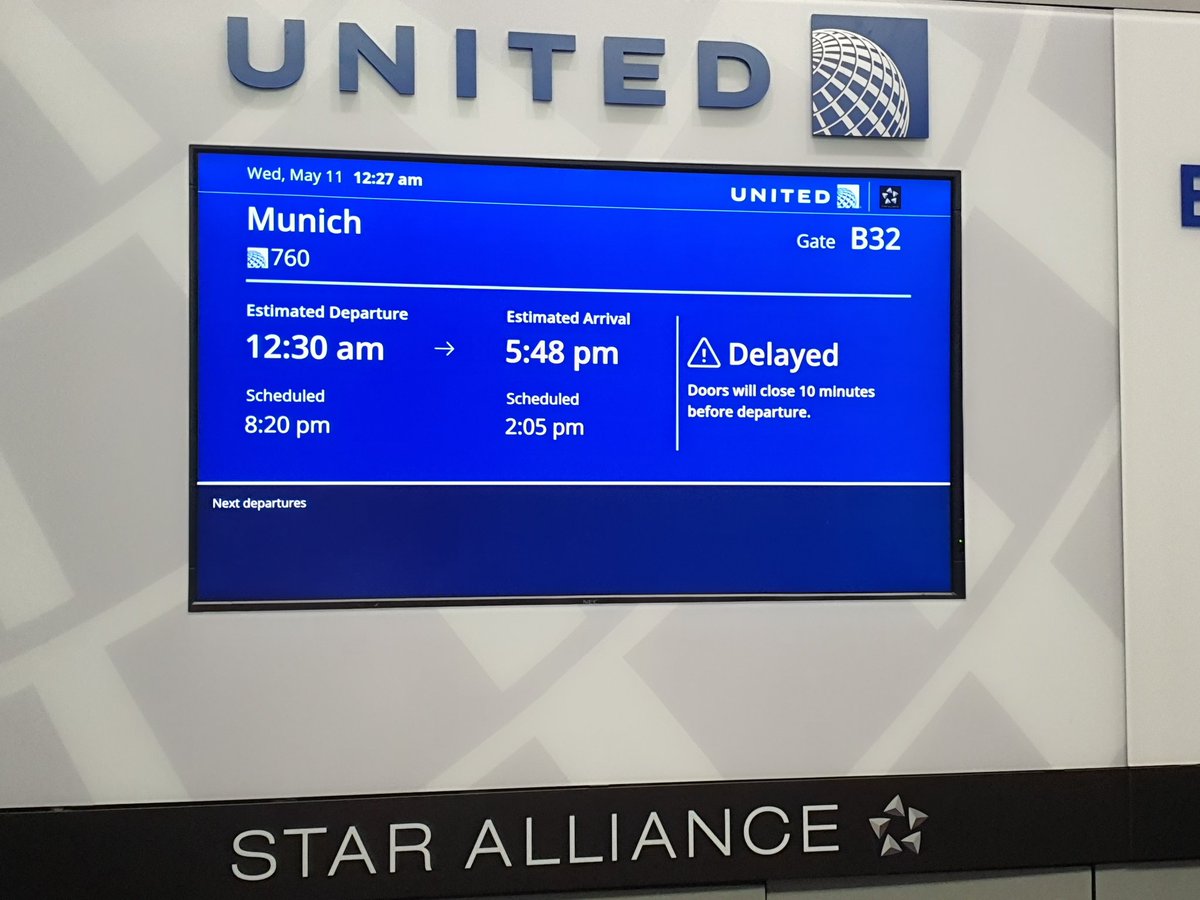MidasWhaleJump's tweet photo. +4 hr delay (&amp; counting) after our original flight cancelled with < 3 hrs notice. 7+ hrs delay in arrival. $50+ billion in tax payer bailouts cant prevent the #worstflightexperience in my 30+ yrs traveling. #EU261 claims coming @united #terribleservice #scam @staralliance https://t.co/dKGoAGRrV1