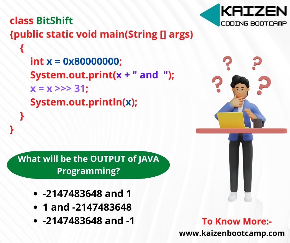 CodingKaizen's tweet image. Do You Know The Output Of Given Java Programming?
Want To Learn More Programming?
Join Our Offline Training Program to Become an Expert In Software Industry.
info@kaizenbotcamp.com
#training #java #technology #software #programming #development #code #javascript #indore