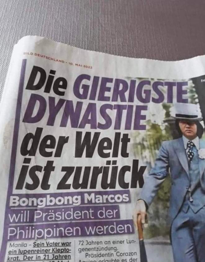 LagalagAng's tweet photo. @inquirerdotnet @NAMercadoINQ German newspaper headline:
“The most greedy dynasty in the world is back.”

(Nanliit at hiyang hiya  naman si  Hitler! HAHAHA) https://t.co/xRJ7yM6ip6