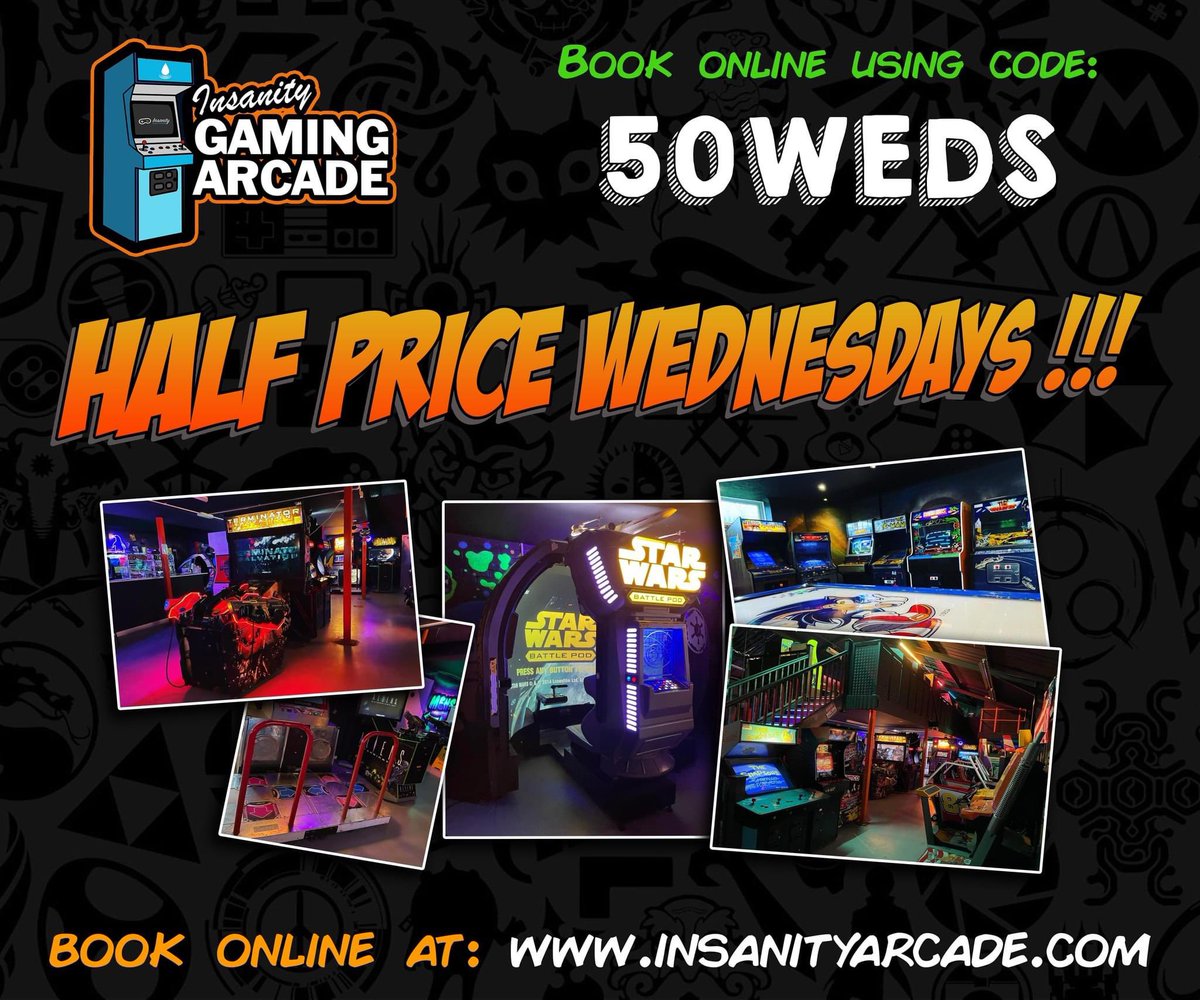 InsanityRetro's tweet photo. It’s that time of the week again! 🥳 HALF PRICE WEDNESDAYS!! Book online at https://t.co/MjNwOWFJaO using code “50WEDS” and get 50% off all full priced adult, children and concession tickets for today (or any Wednesday!)

(Excludes our food package deals) https://t.co/qqleU9Vby6