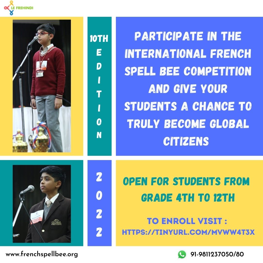 FrenchSpellBee's tweet photo. Bonjour! 
Participate in the all new 10th Edition of The International French Spell bee contest and win exciting prizes
To register in the 10th International French Spelling bee visit: https://t.co/3spxoYU1av 
[Indian subcontinent]
Abroad: https://t.co/lR0YL4w5pF https://t.co/99X8Nlggvt