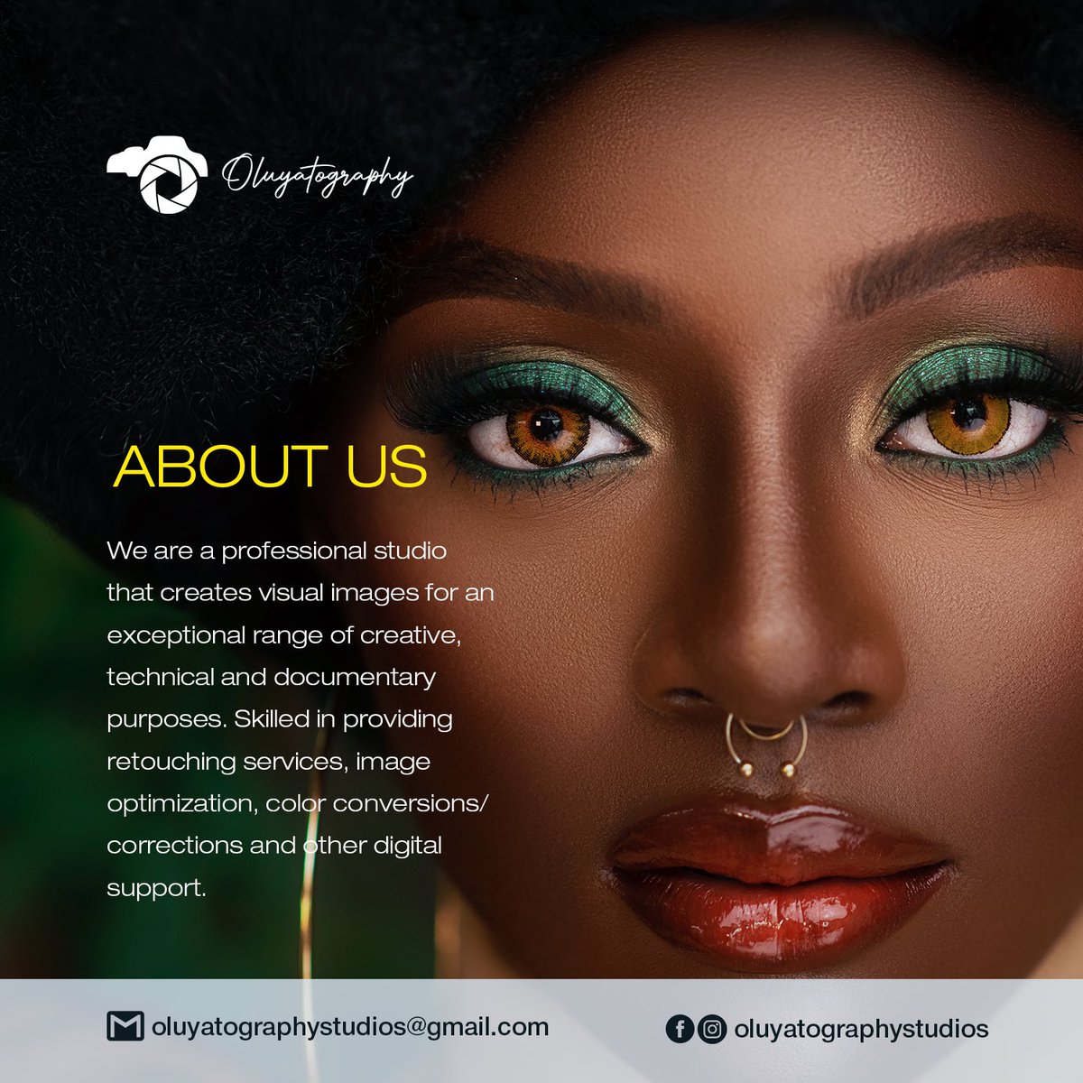 Oluyatography_s's tweet photo. We are a professional photography studio that creates visual images for an exceptional range of creative, technical and documentary purposes. Skilled in providing retouching services, image optimization, color conversions/corrections and other digital support. https://t.co/wD7vrAOlpf
