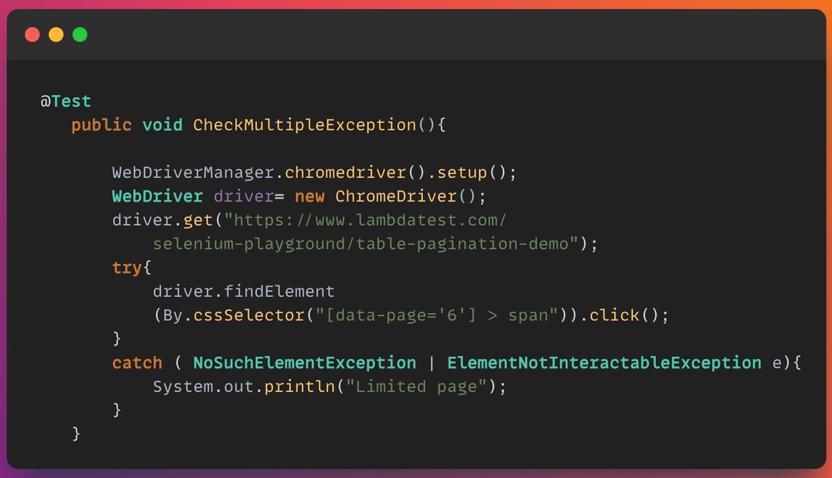 VeenaSiva's tweet image. #java #seleniumwebdriver #javaforselenium-1
Instead of catching multiple exceptions with separate catch blocks, you can handle all different types of exception in a single catch block.
Use Java is version 7 or later