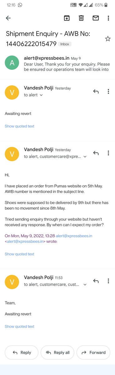 AskYoMum's tweet photo. @XpressBees_IN @Puma I placed an order from Puma on 5thMay and the delivery was expected by 9th. But i haven't received my product yet. Sent an email to your customer support but no response. Order ID: 103150859 AWB: 14406222015479 https://t.co/lTrtiewaYn