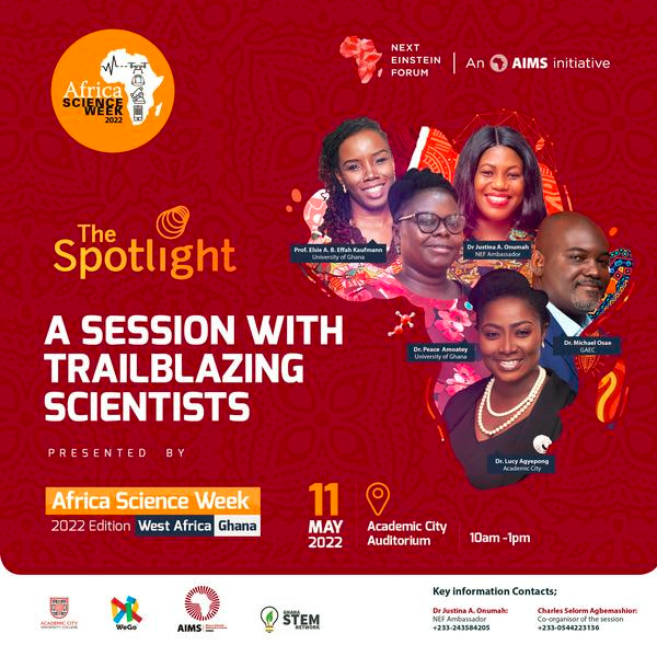 aswghana's tweet photo. We'll be kicking off this year's Africa Science Week Ghana celebration with 'The Spotlight', a session with trailblazing Ghanaian scientists. Join us at Academic City University College (@acitygh) or sign in virtually https://t.co/0S3KcqhiPo 

#ASW2022 #AfricasEinsteins https://t.co/AhlZIdFFeL