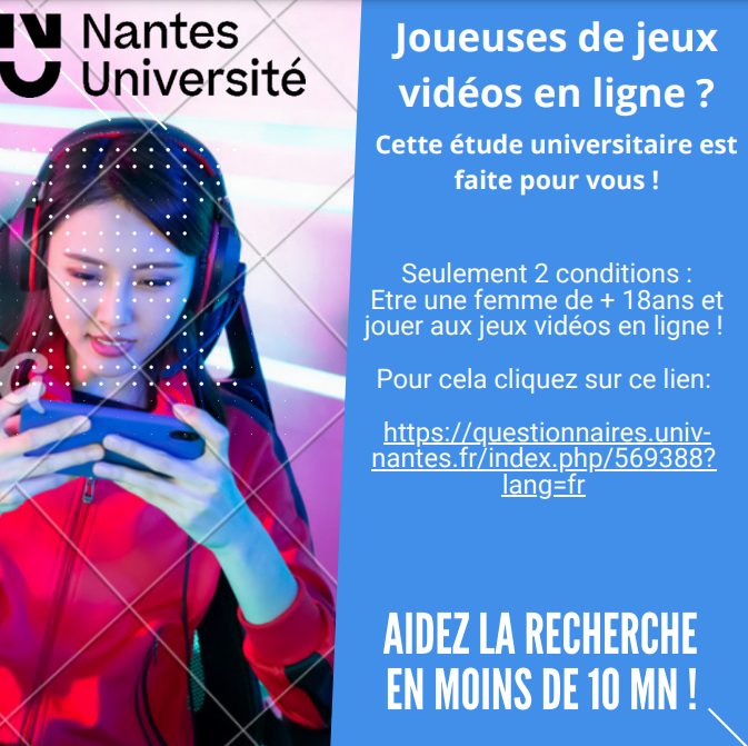 wig_fr's tweet photo. Aidez @GLMathildePsy en participant à son mémoire de recherche sur les liens entre estime de soi, jeux vidéo en ligne et choix de l'avatar chez les joueuses !

👉 Remplissez ce questionnaire si vous êtes une joueuse de JV en ligne de plus de 18 ans : https://t.co/KUCCho8dH6 https://t.co/g2GgAtoQq6