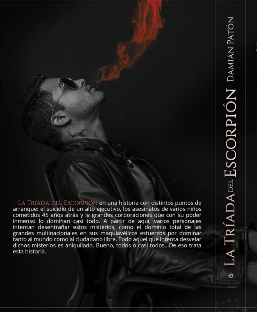 Diseño de contraportada de la novela La Tríada del Escorpión de Damian Patón #diseñoeditorial