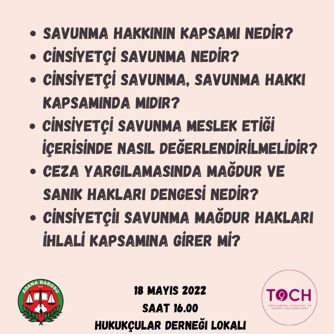 Toplumsal Cinsiyet Ve Hukuk Çalışmaları Grubu (@toch_cg) on Twitter photo Adana Barosu ile birlikte yürüttüğümüz ve <a href="/CandanDumrul/">Candan Dumrul</a> un konuşmacı olarak yer aldığı “Avukatlık ve Savunma Etiği” söyleşimize stajyer avukat ve avukat meslektaşlarımızı bekliyoruz.
<a href="/AdanaBarosu/">Adana Barosu</a> Adana Barosu ile birlikte yürüttüğümüz ve <a href="/CandanDumrul/">Candan Dumrul</a> un konuşmacı olarak yer aldığı “Avukatlık ve Savunma Etiği” söyleşimize stajyer avukat ve avukat meslektaşlarımızı bekliyoruz.
<a href="/AdanaBarosu/">Adana Barosu</a>