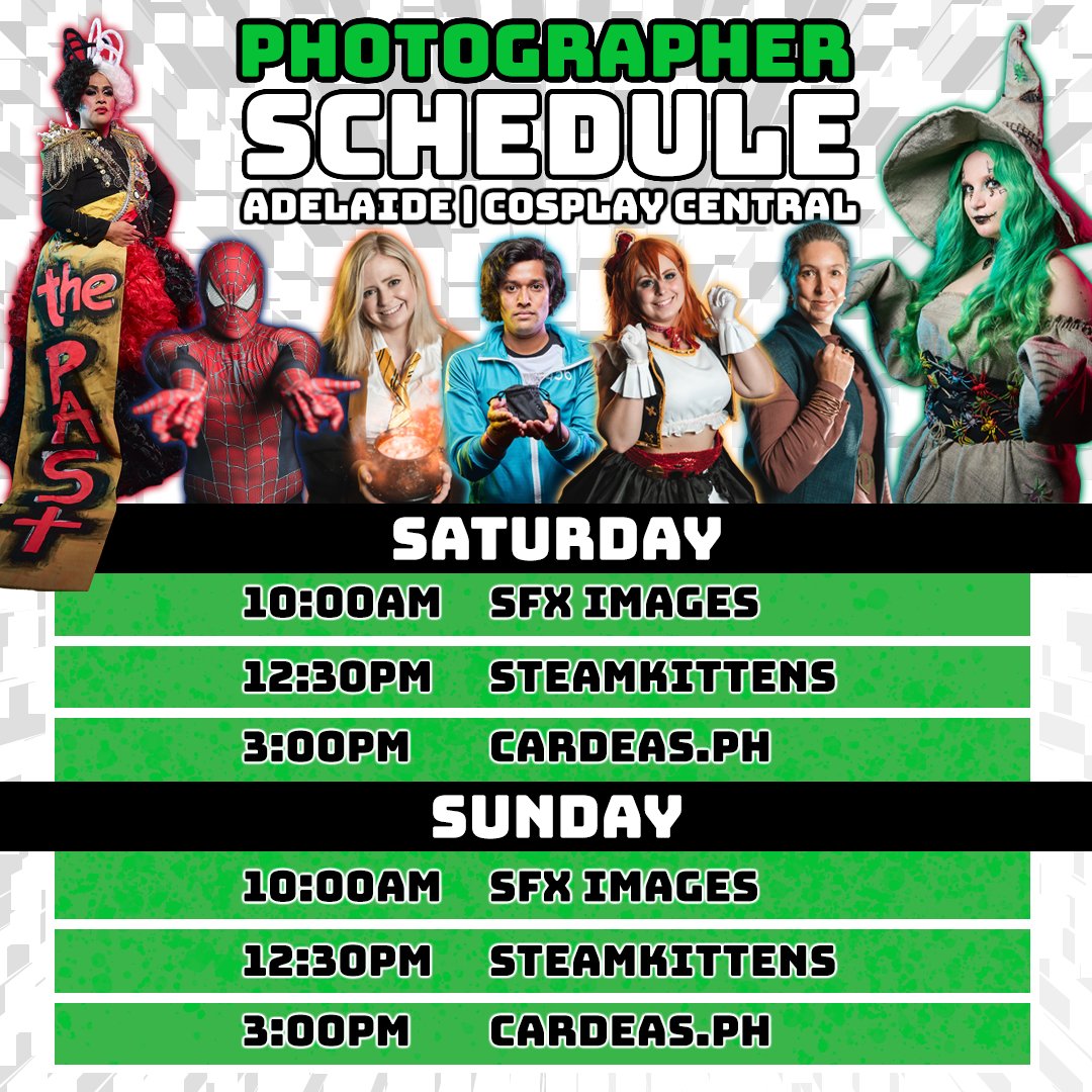 OzComicCon's tweet photo. Here is the Cosplay Central Photographer Schedule for OCC Homegrown Adelaide!
Saturday
10am 📸@SFXImages
12:30pm 📸 @Steamkittens
3pm 📸 https://t.co/fC8tR1FvL7
Sunday
10am 📸@SFXImages
12:30pm 📸 @Steamkittens
3pm📸https://t.co/fC8tR1FvL7
All photo sessions are complimentary! https://t.co/v6otIrLOnq