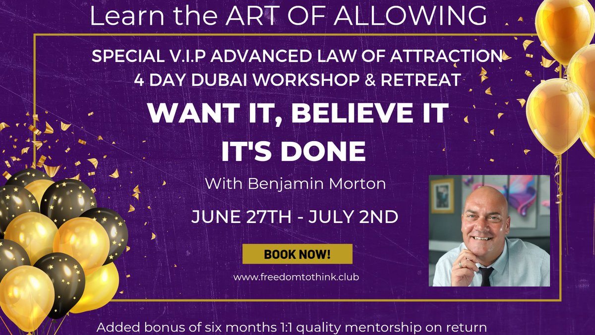 benmortoncoach's tweet photo. Here we go again. Applications open very soon. 💜
#vibarationisalaw #dubai #freedomtothinkclub #benjaminmortonlive #vibrationalalignment #alignedandaware #joy  #Alignment #speaker #love #wantit #believeit #ItsDone #lawofattraction #retreat #workshop #coach #mentor #artofallowing https://t.co/I69wi7uhwR