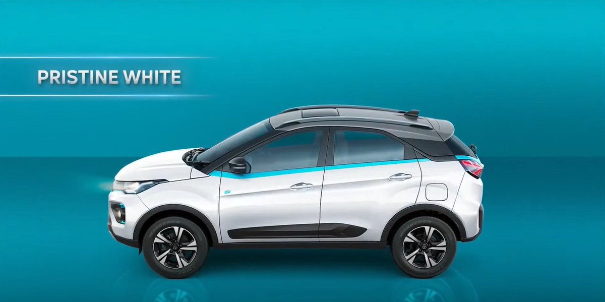 CarWale's tweet photo. Apart from the new Intensi-Teal, the other colour options for the Nexon EV Max are Daytona Grey and Pristine White. Dual-tone exterior paint scheme is standard. #CWLaunch #NexonEVMAX #EvolveToElectric #Nexon #EVMAX #TataPassenger #ElectricMobility @Tatamotorsev https://t.co/0b31hSlYqE
