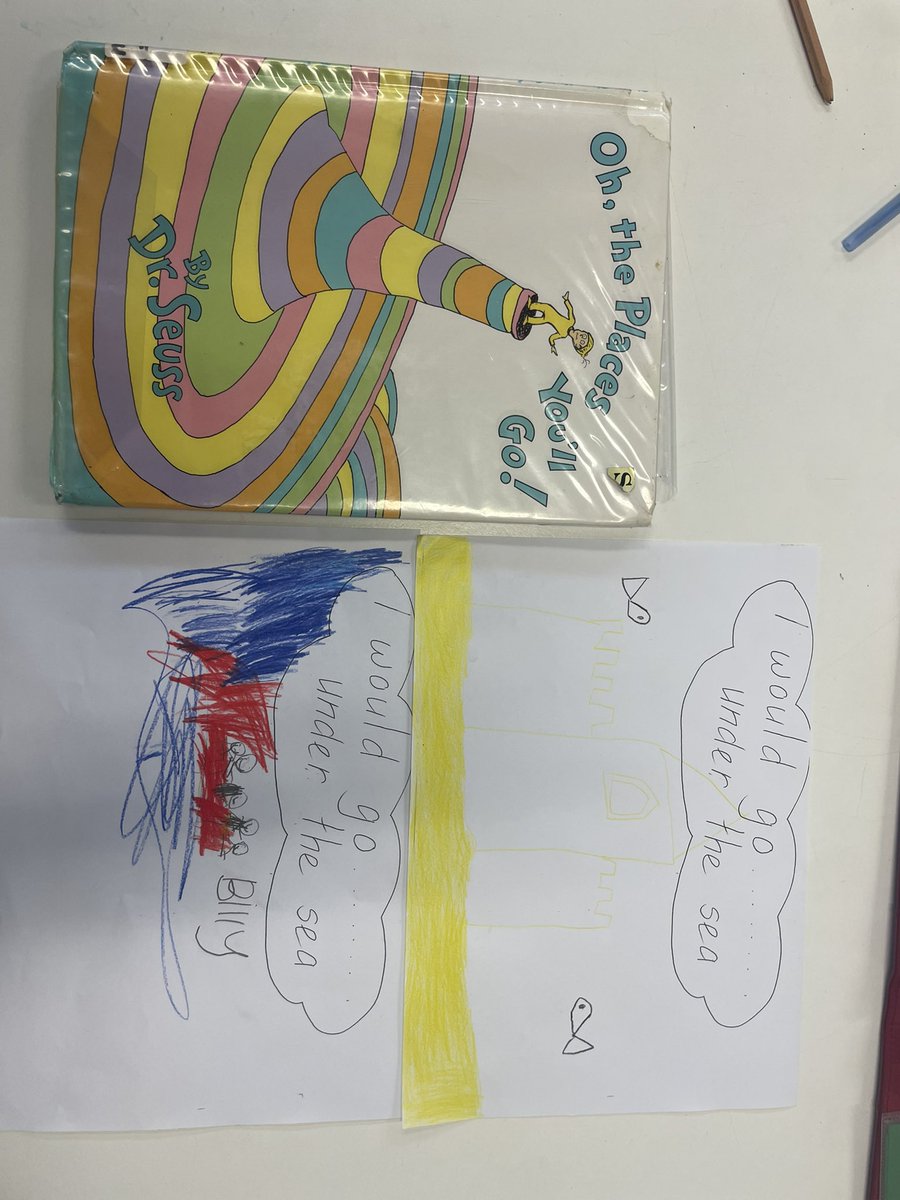 MissWilcox23's tweet photo. Fun in Kindy today (and always). We had a read of ‘Oh, the places you’ll go!’ By Dr Seuss. This was followed by a drawing of where they would go under the sea. There was lots of castles and roller coasters :) #acuedu_p https://t.co/cKShm4O6Yl