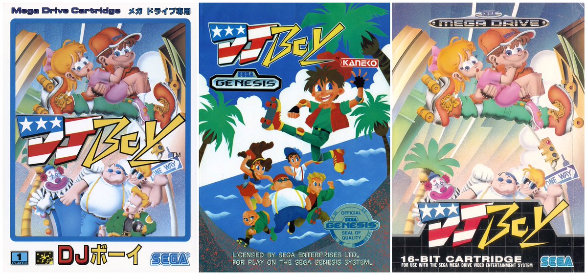 JoachimHesse's tweet photo. Bei #DJBoy handelt es sich um eine Straßenprügelei, die #Kaneco aus der Spielhalle 1990 auf #MegaDrive gebracht hat. Im Westen rettet ihr statt eurer Freundin bloß ein Radio und eine schwarze Bossgegnerin ist nun rosa. Welches Titelbild gefällt euch am Besten: JP vs USA vs EUR? https://t.co/fafQsbe8JG