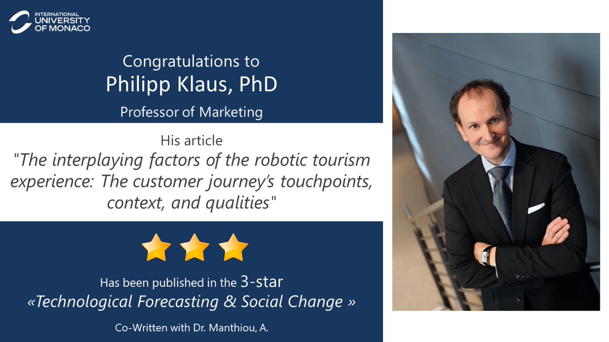 [#RESEARCH]
Congrats to #IUM <a href="/ProfDrPhilKlaus/">Prof. Dr. Phil Klaus</a> for his article "The interplaying factors of the robotic tourism experience: The customer journey's touchpoints, context, and qualities" published in the 3* "Technological Forecasting and Social Change."
▶ doi.org/10.1016/j.tech…