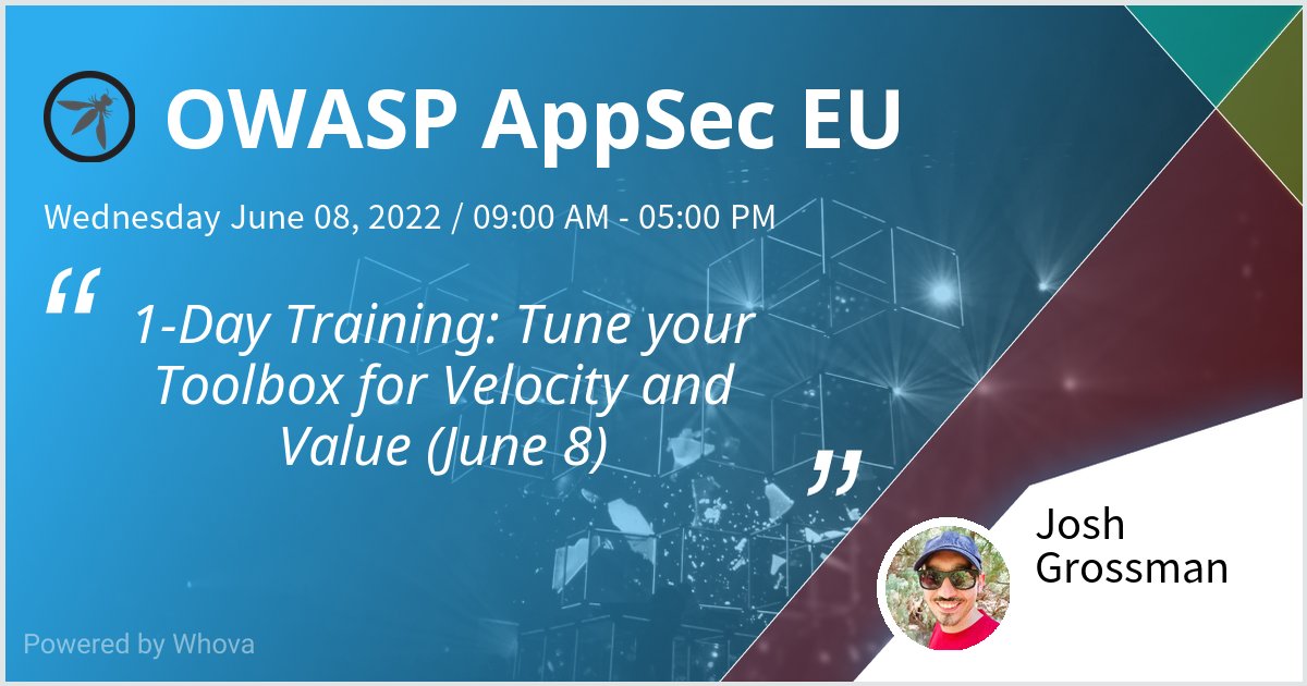 owasp's tweet photo. Struggling to build effective and valuable #SCA and #SAST processes in your organization?
Sign up for @JoshCGrossman vendor-neutral course at Global #OWASP #AppSecEU for a deep-dive into the tools, actionable guidance and exercises to help you practice.
https://t.co/3H67ghLlbI https://t.co/g0YAVreNhM