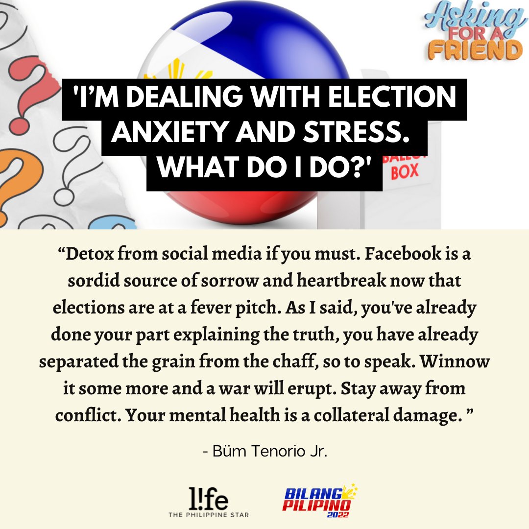 philstarlife's tweet photo. Know someone going through post-election anxiety?

Give them a hug and encouraging words for comfort. Don’t invalidate their feelings. Instead, make them feel that they’re not alone. Tomorrow is another day. Tomorrow, the fight continues.

#BilangPilipino2022 #AskingForAFriend https://t.co/MnxiIzanbm