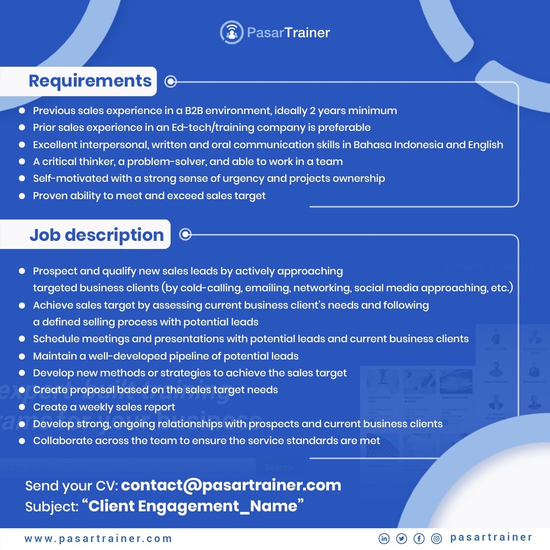 PasarTrainer's tweet photo. Hi, Twitter!
We are hiring for Client Engagement team!
Explore your career opportunities at PasarTrainer.
Learn more about PasarTrainer: https://t.co/wvFcPJbhIr
#pasartrainer
#hiring
#recruitment
#careeropportunities https://t.co/yuMiFoZhnf