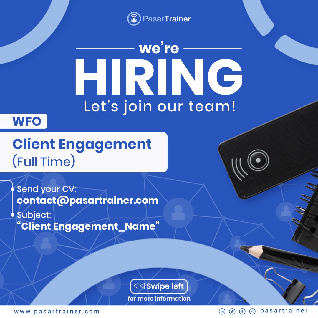 PasarTrainer's tweet photo. Hi, Twitter!
We are hiring for Client Engagement team!
Explore your career opportunities at PasarTrainer.
Learn more about PasarTrainer: https://t.co/wvFcPJbhIr
#pasartrainer
#hiring
#recruitment
#careeropportunities https://t.co/yuMiFoZhnf