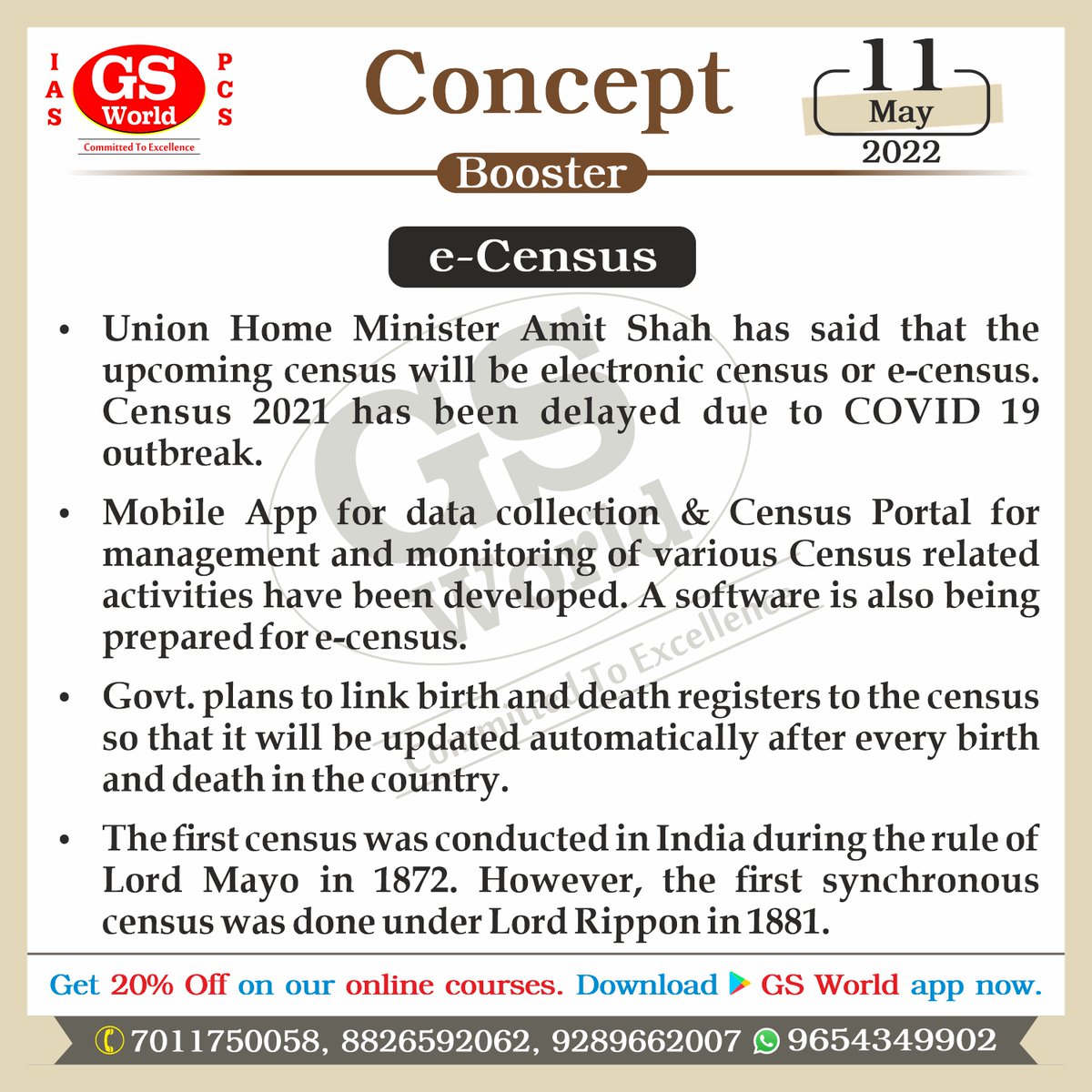 GSWORLDIAS1's tweet photo. In today’s #ConceptBooster, read about e-Census.
#GSWORLD #IAS #UPSC #UPPCS #CurrentEvents #Prelims #eCensus https://t.co/XdrFuAQnuS