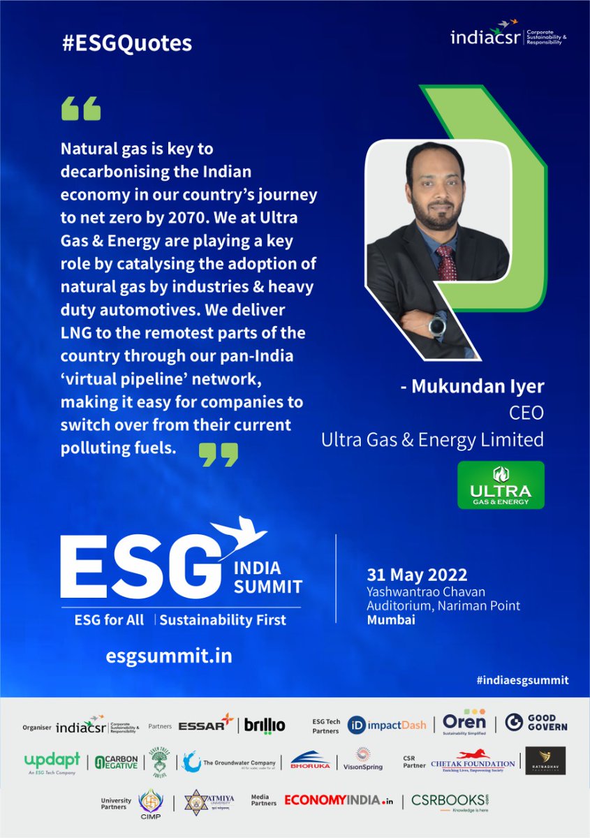 INDIACSR's tweet photo. #ESGQuotes  by  #mukundanIyer   #CEO  @UltraGasEnergy Limited   #IndiaESGSummit  in  #Mumbai  #31May  #sustainability   #gas   #energy   #esg  #CSR #pollution #indiacsr #greenenergy #green #energy #energyefficiency https://t.co/NFxzHRFSHh https://t.co/SvxHT2SHDf