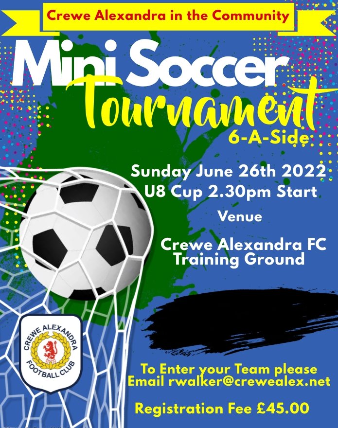 CreweAlexITC's tweet image. 🏆 𝐌𝐢𝐧𝐢 𝐒𝐨𝐜𝐜𝐞𝐫 𝐓𝐨𝐮𝐫𝐧𝐚𝐦𝐞𝐧𝐭 🏆

#CreweAlex In The Community will be hosting 2⃣ Mini Soccer Tournaments on Sunday 12th &amp;amp; Sunday 26th June.

If you're interested, please contact:

📧 rwalker@crewealex.net
📧 mbates@crewealex.net
📞 01270 216682

#CreweAlex