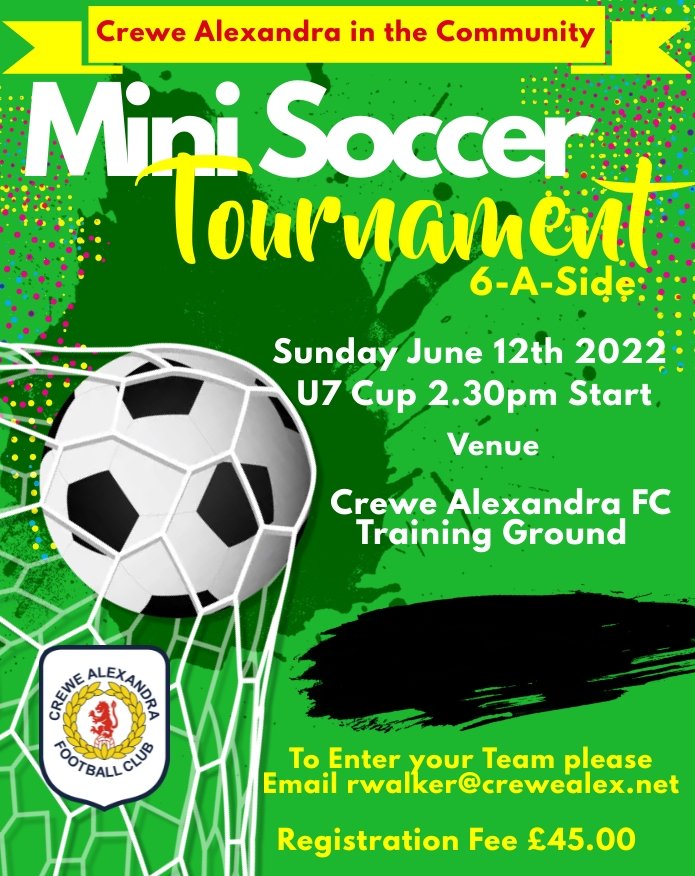 CreweAlexITC's tweet image. 🏆 𝐌𝐢𝐧𝐢 𝐒𝐨𝐜𝐜𝐞𝐫 𝐓𝐨𝐮𝐫𝐧𝐚𝐦𝐞𝐧𝐭 🏆

#CreweAlex In The Community will be hosting 2⃣ Mini Soccer Tournaments on Sunday 12th &amp;amp; Sunday 26th June.

If you're interested, please contact:

📧 rwalker@crewealex.net
📧 mbates@crewealex.net
📞 01270 216682

#CreweAlex