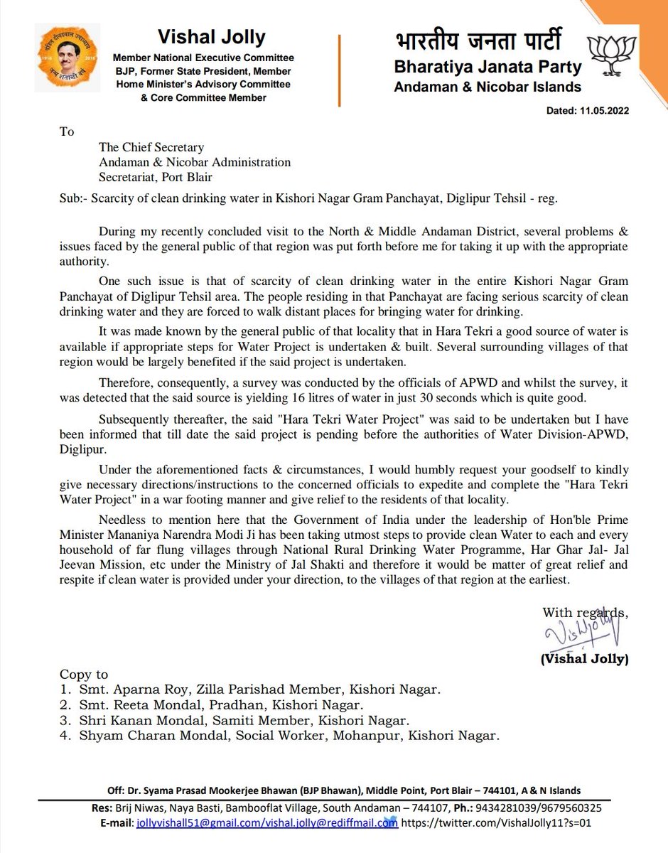 OfficeOfVJ's tweet photo. Shri Vishal Jolly, National Executive Member @BJP4India &amp; Former State President @BJP4AnN wrote a letter to the Chief Secretary, @Andaman_Admin @jitendra_narain in the matter of scarcity of clean drinking water in #KishoriNagar Gram Panchayat, Diglipur Tehsil.
@blsanthosh https://t.co/0qWtjxktfp
