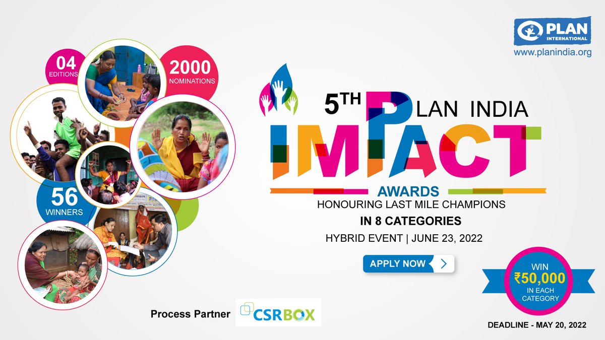 Plan_India's tweet photo. PLAN India is pleased to announce the 5th edition of the Plan India Impact Awards!!
The last date for submitting nominations is May 20, 2022
To apply, visit: https://t.co/5vnhHVb5IG
For more details, visit: https://t.co/VxXYYBzMxz
#planindiaawards #PIIA #socialimpact https://t.co/8QXZmyYOt9