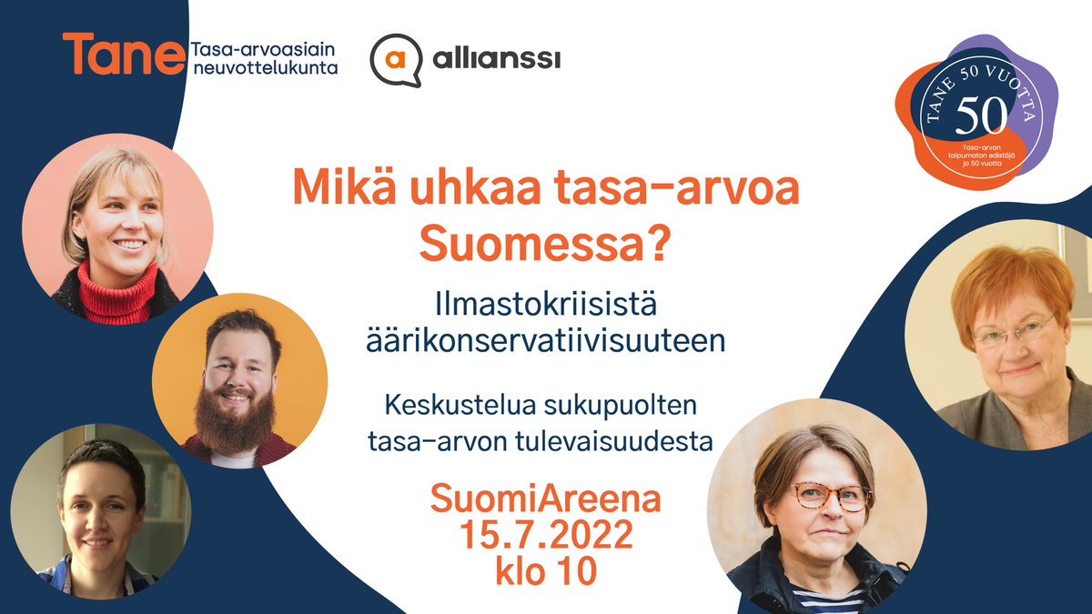 tasaarvoTANE's tweet photo. Kesällä pohditaan #TasaArvo tulevaisuutta @SuomiAreena. Varaa päivä kalenteristasi! 
Mukana
🔥 @TarjaHalonen
🔥 @HeidiHautala
🔥 Julian Honkasalo
🔥 @leppalaakso
🔥 @AkseliRouvari

🗓️ 15.7.
📍 Pori &amp; verkko
🔗 https://t.co/0C9q9woqFV
Järjestäjinä Tane &amp; @AllianssiRy #SuomiAreena https://t.co/ixC2LHuxKX