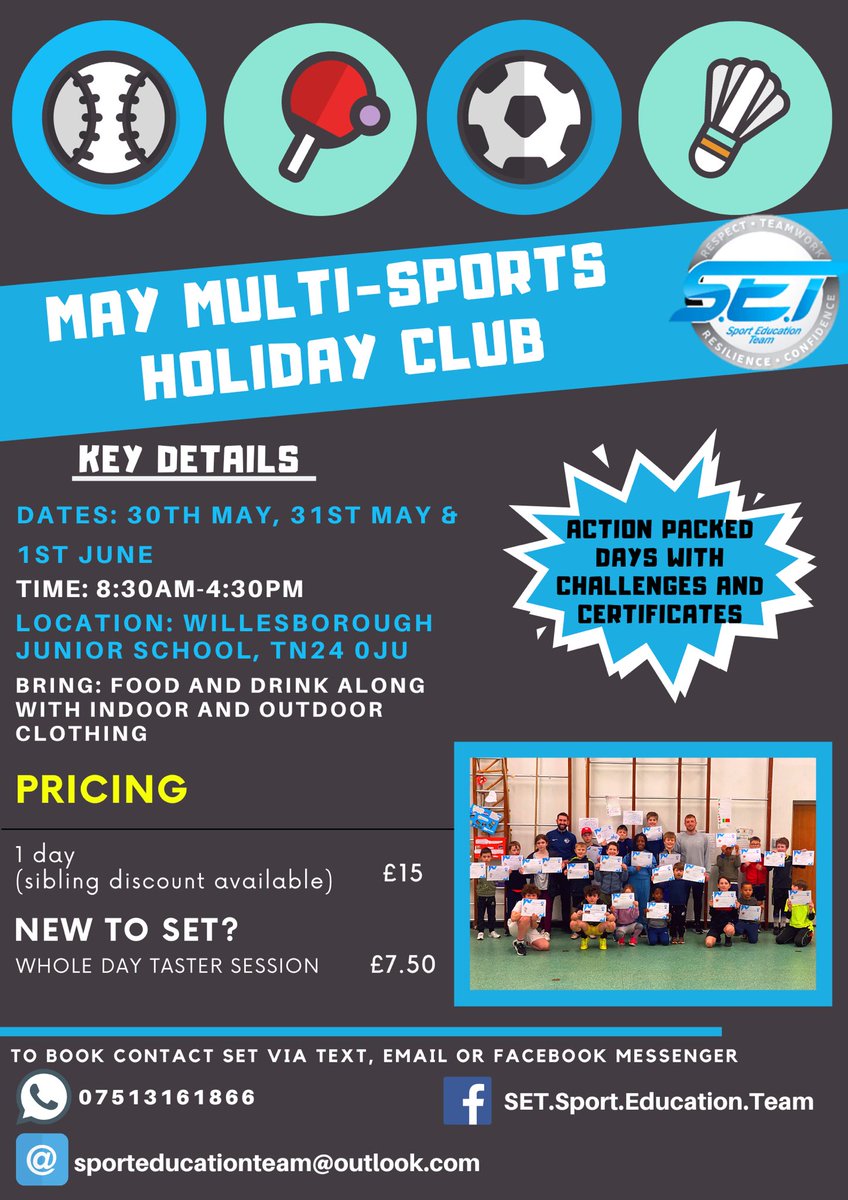 We are back for some half term fun this May!🏏🏓🎾⚽️

To book your space, contact us with the dates you would like to attend and your child’s full name. Spaces are limited and on a first come first serve basis! 

We look forward to seeing you all soon.

SET🔵⚪️