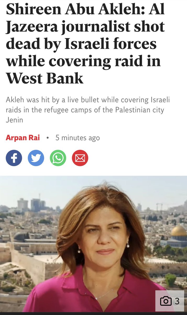 HindHassanNews's tweet photo. Devastating, enraging news that Al Jazeera journalist Shireen Abu Akleh has been shot dead by Israeli soldiers in the West Bank. She was clearly identified as press. This just weeks after Israeli police beat &amp;shot journos in Al Aqsa with rubber bullets. JOURNALISM IS NOT A CRIME! https://t.co/HWRXTVt5hW
