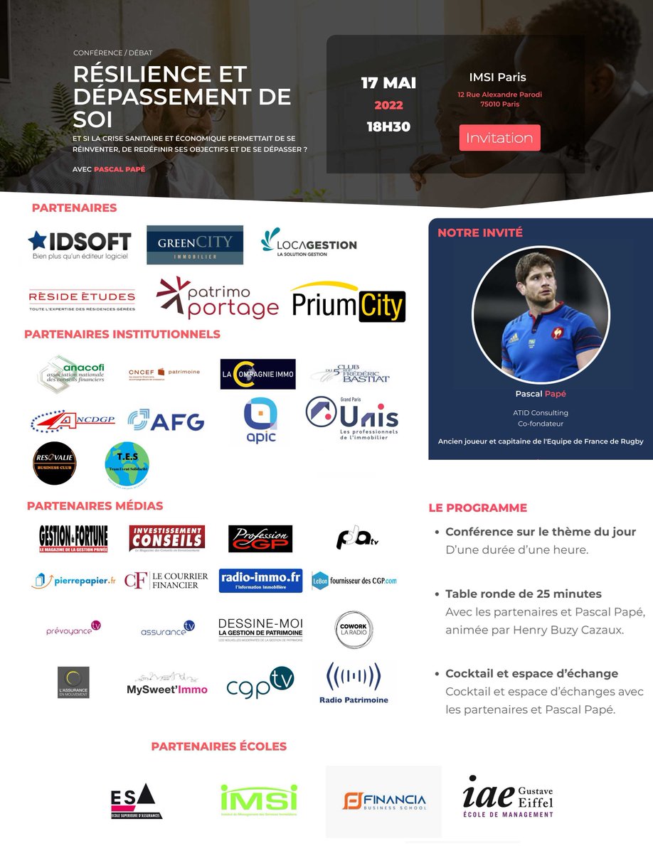 Ne manquez pas la prochaine conférence CGP organisée le 17 mai à Paris par Sebastien Bareau le thème : Résilience et dépassement de soi avec la participation de Pascal Papé