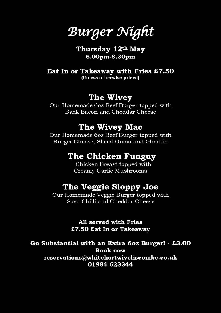 This week's Burger Menu for Thursday 12th May 🍔
Featuring The Wivey Mac - Our Homemade 6oz Beef Burger topped with Burger Cheese, Sliced Onion and Gherkin 😋
Please call after 3pm for reservations on 01984 623344
#burger #wiveliscombe #SomersetDay #Somerset