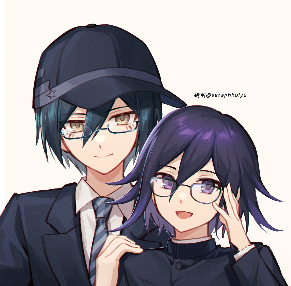 ouma kokichi ,saihara shuuichi multiple boys 2boys necktie male focus smile glasses jacket  illustration images