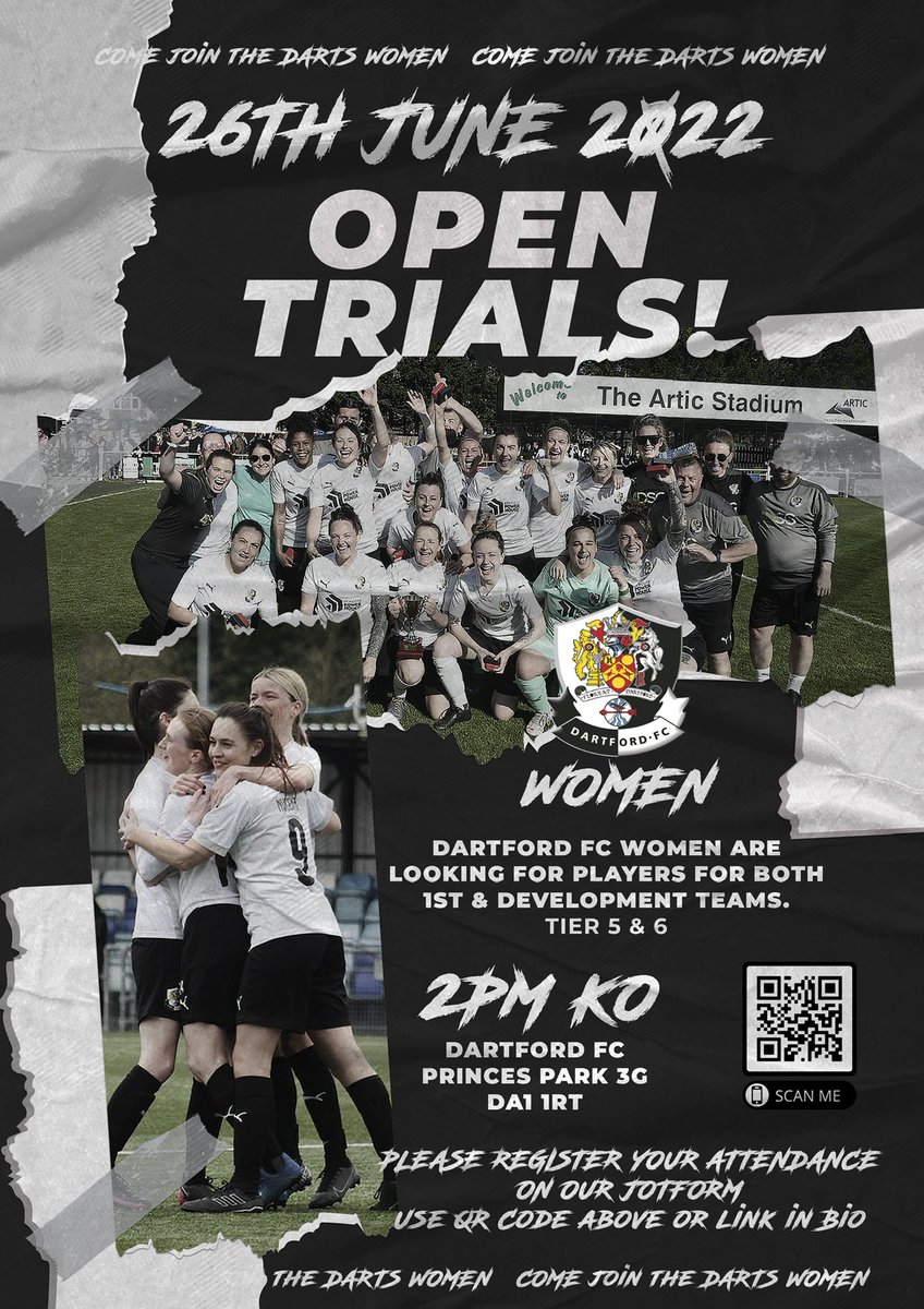 DartfordFCWomen's tweet photo. 🚨Dartford FC Women OPEN Trials 🚨

Both teams are looking for players. Currently in Tier 5 &amp; 6. 
Register your interest.

🗓 26th June 2022
📍 Dartford FC 3G
⏰ 2PM KO 
📝 Register here https://t.co/ohrxrbyvMW (link in Bio) 

#opentrials #trials #womensfootballtrials https://t.co/ekpeW8JRK5