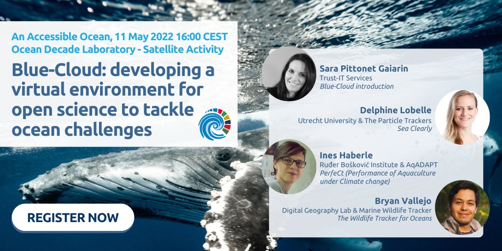 Welcome to the #OceanDecade Laboratory "An Accessible Ocean"!
Join our satellite activity today at 16:00 CEST introducing Blue-Cloud, a virtual environment for #OpenScience to tackle #ocean challenges.
Register now: bit.ly/3w6XjSx
#marinelitter #wildlife #aquaculture