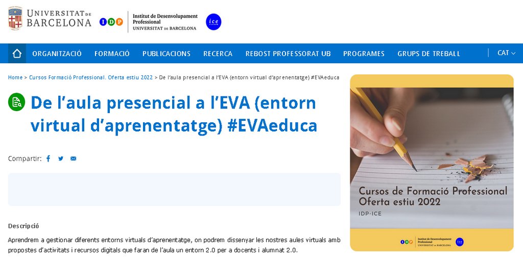 JosebaZuLu's tweet photo. Bon dia, si sou #docents de #FormacióProfessional ja podeu inscriure-us en el #CursEnLínia gratuït asíncron, ofert pel @idp_iceub:
➡️De l'Aula presencial a l'EVA (Entorn Virtual d'Aprenentatge) #EVAeduca
Inscripcions aquí:👇👇
https://t.co/zdUG0lKFXD
No us quedeu sense plaça!! https://t.co/Z7x31HROtU