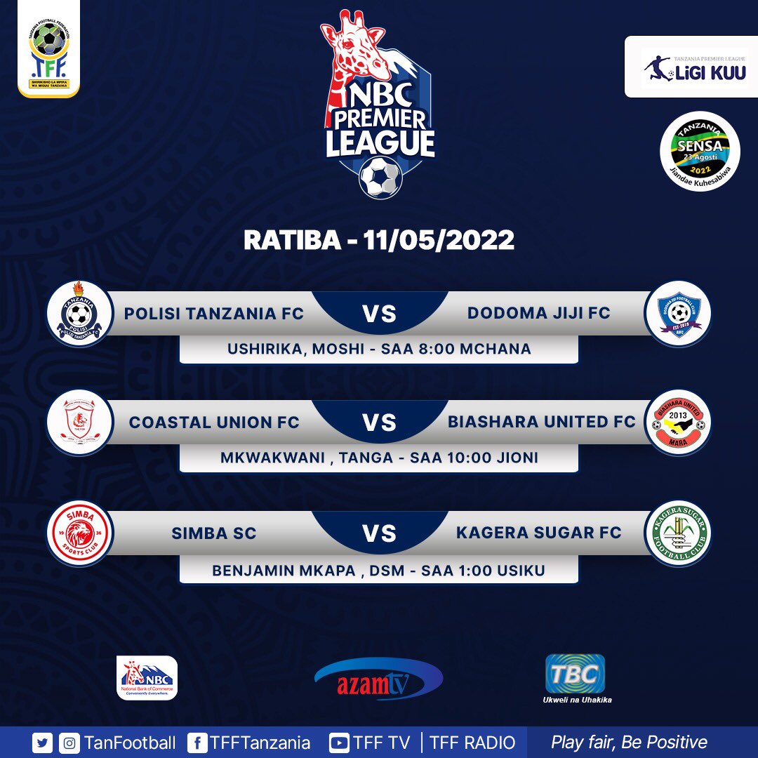Tanfootball's tweet photo. Ratiba ya Ligi Kuu ya NBC leo Jumatano, Mei 11, 2022.
#NBCPLFixtures
@tplboard @Tanfootball @NBCTanzania @azamtvtz @TBConlineTZ https://t.co/dR3YJBNbuR